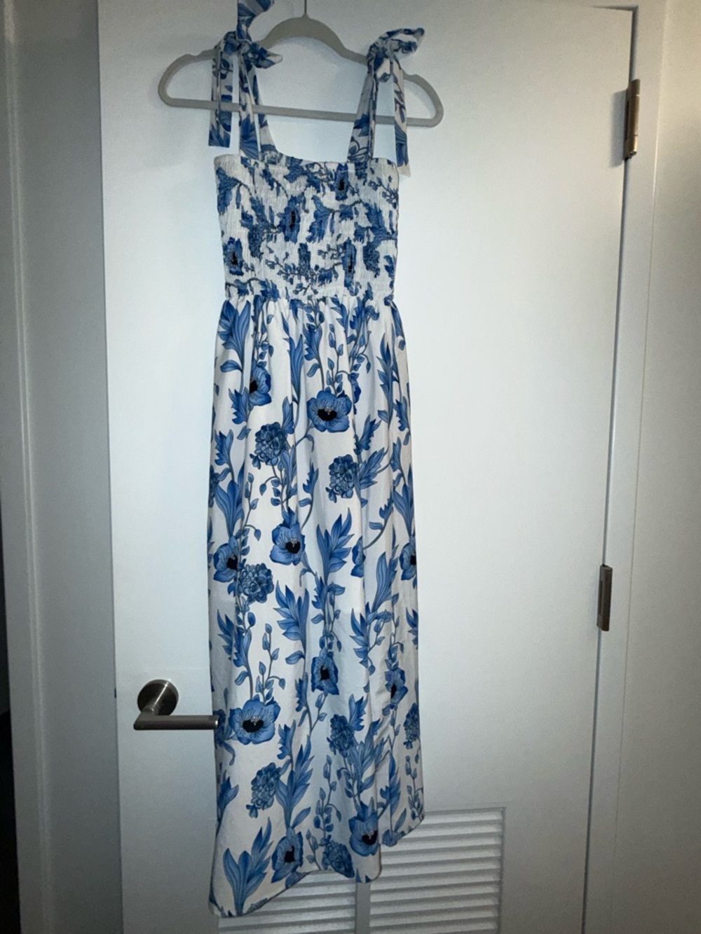 Smocked Tie-Shoulder Maxi Dress in White & Blue Floral